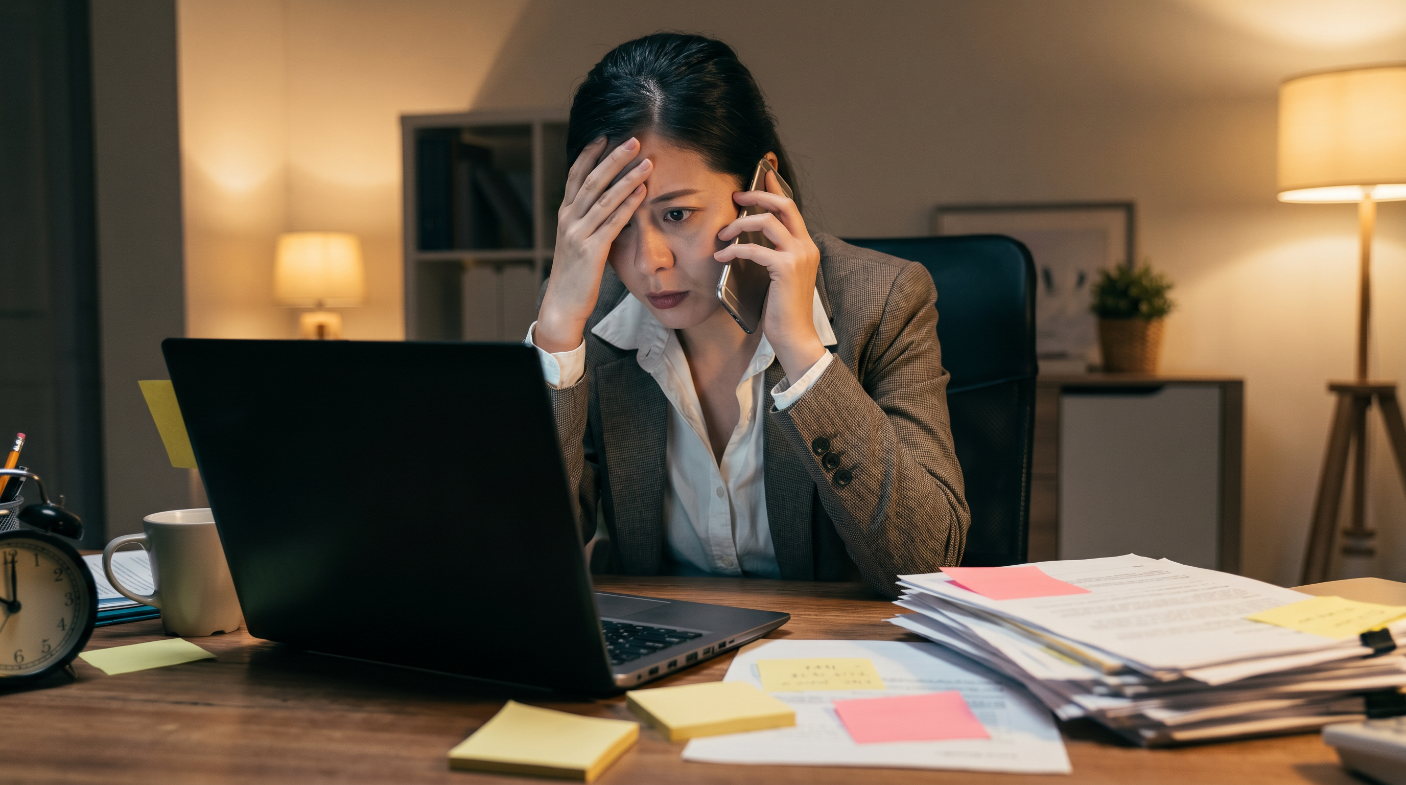 Real estate agent overwhelmed at desk